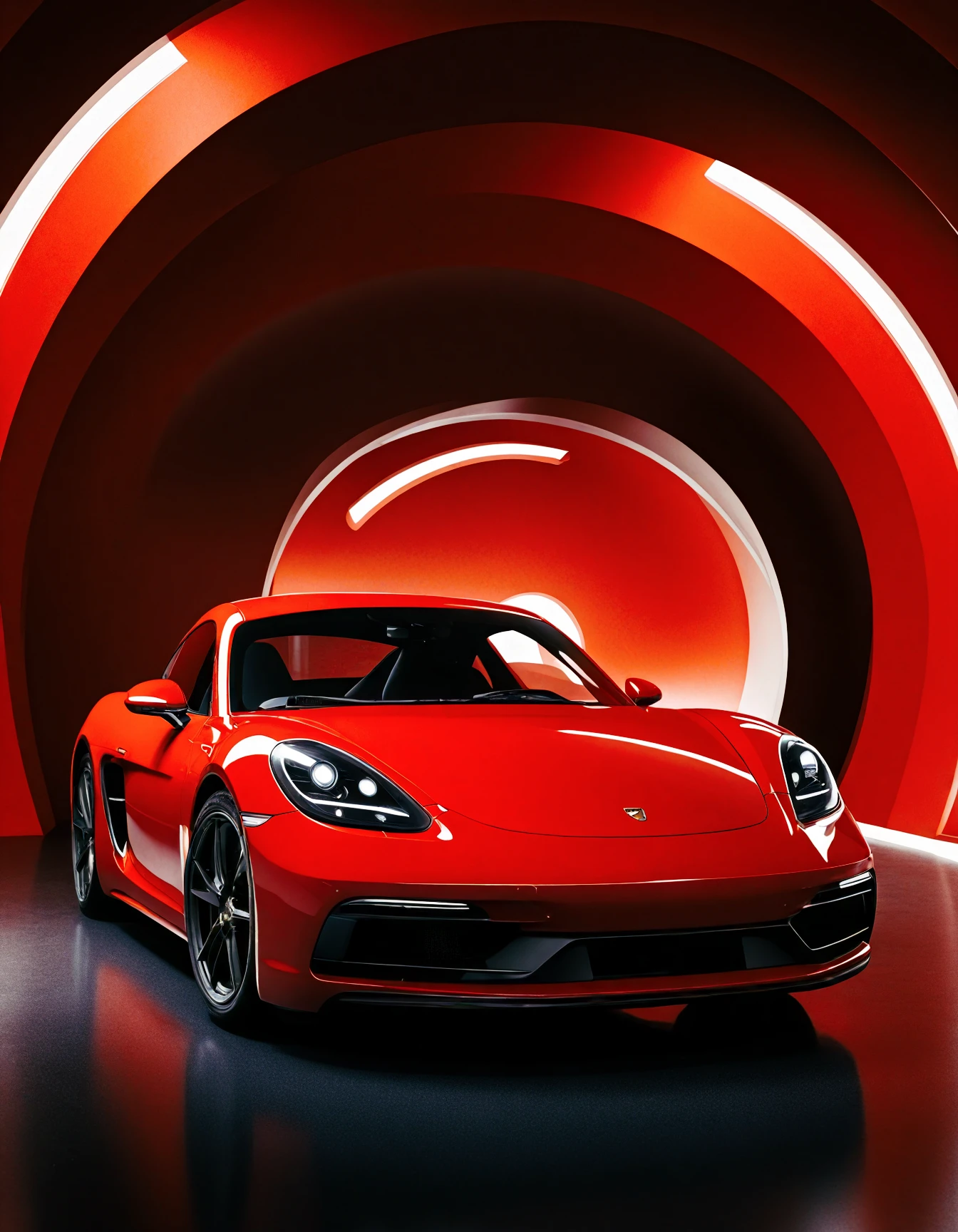 Cayman, a red Porsche Cayman sports car parked on a 
 , The image is a digital artwork or photograph featuring a red sports car positioned within a futuristic tunnel-like structure. The tunnel has a retro-futuristic design, with a spiral pattern and neon lights in the background that give off a sci-fi vibe. The lighting is dramatic, with a strong contrast between the red of the sports car and the cooler tones of the tunnel interior.

The sports car itself appears to be a high-performance model with a sleek design, featuring large alloy wheels and what looks like an aggressive front bumper with a splitter and air intakes. The car is stationary, and its reflection on the floor suggests a reflective surface beneath it. There are no visible texts or brands in the image.

The composition of the image suggests a setting where speed and modernity are themes, possibly from a video game given the stylized nature of the environment. 