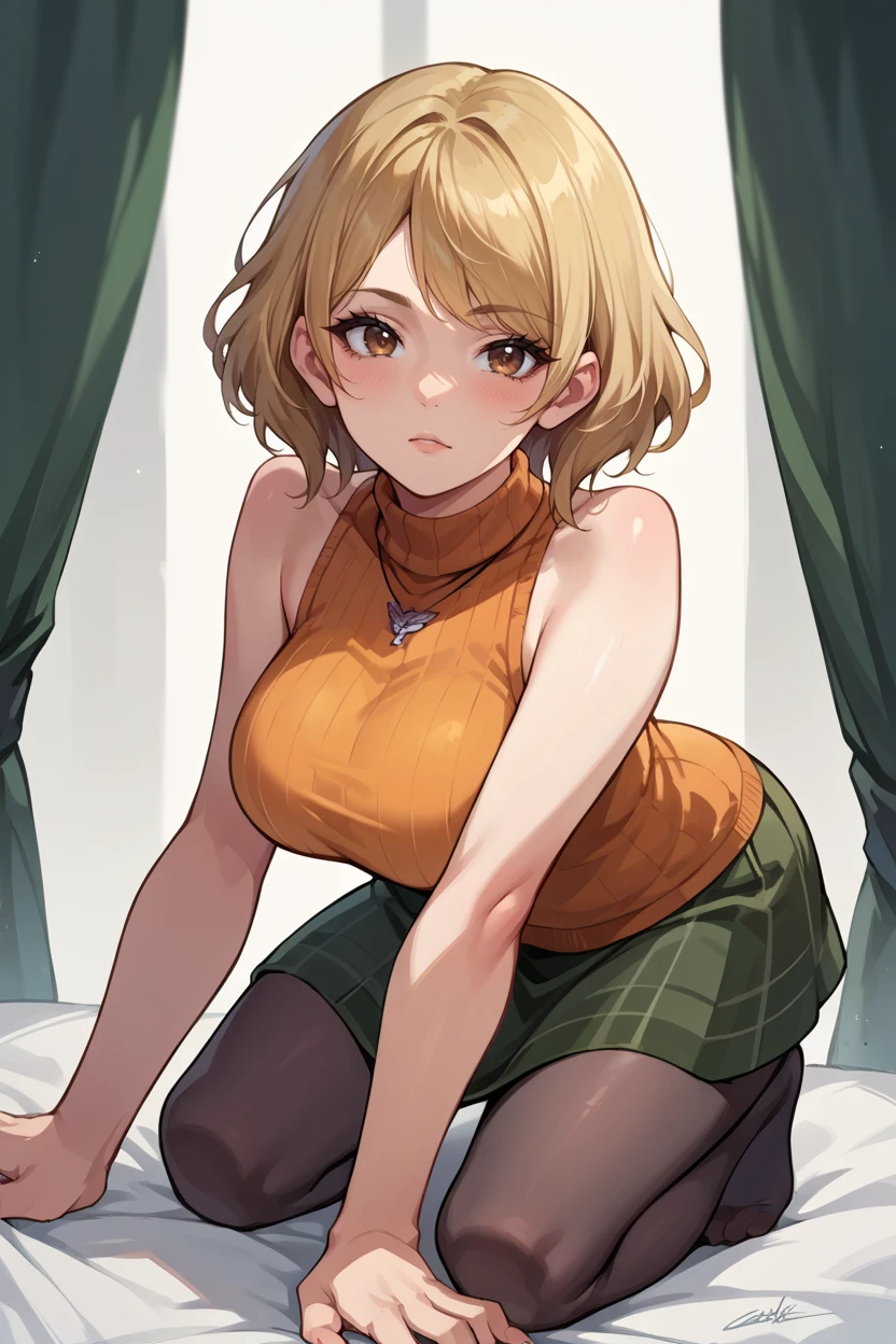 score_9, score_8_up, score_7_up, score_6_up, source_anime BREAK 1girl  <lora:ashleygraham-pdxl-nvwls-v1-000005:1> reAshley, brown eyes, bangs, necklace, orange sweater, sleeveless turtleneck, green miniskirt, pantyhose, looking at you, all fours, from side, looking at you, furrowed brow, grimace