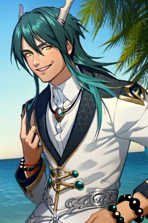 (masterpiece),(best_quality),1boy,Nanda,front hair,aqua hair,yellow eyes,suit,coattails,necklace,bead bracelet,belt,smile,<lora:Nanda_1-5:1>,