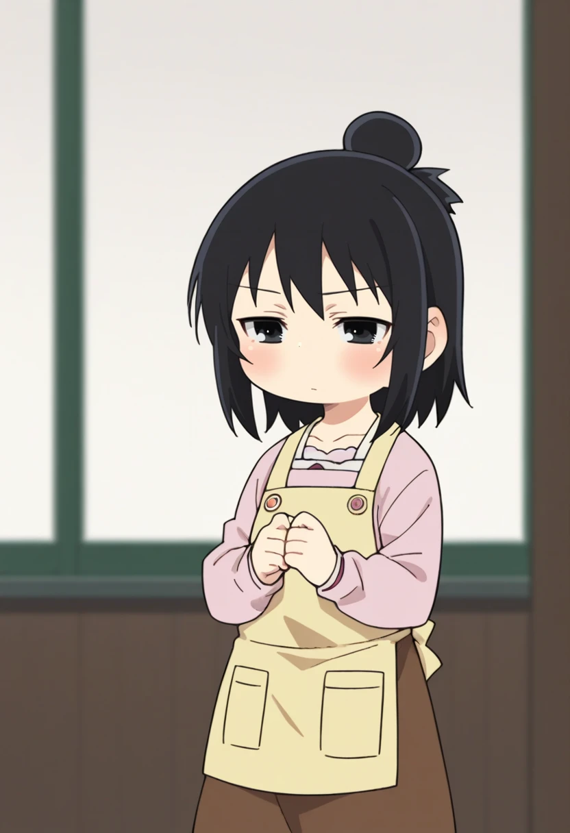 score_9, score_8_up, score_8, source_anime, 1girl, solo, chibi, <lora:HitohaMarui:0.9> , black eyes, black hair, hair bun, pink shirt, yellow apron, brown skirt, blush, blank expression,
simple background, blurry background,