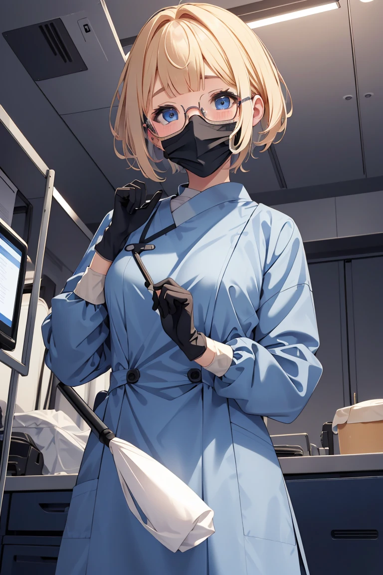 (RAW photo, best quality), (1girl), operating room, overhead surgical light,blurred background, focused,
 <lora:Gloving_UP_V2.0-000006:0.8> gloving_surgeon, surgical mask, long sleeves, looking at viewer, adjusting gloves, bouffant cap, gloves,glove pull,
 <lora:Irene Bradford:0.7> (1girl, 3dcg 05, blonde_hair, blue eyes, blunt bangs, glasses, hair intakes, inverted bob, irene bradford, short hair, small breasts, solo),