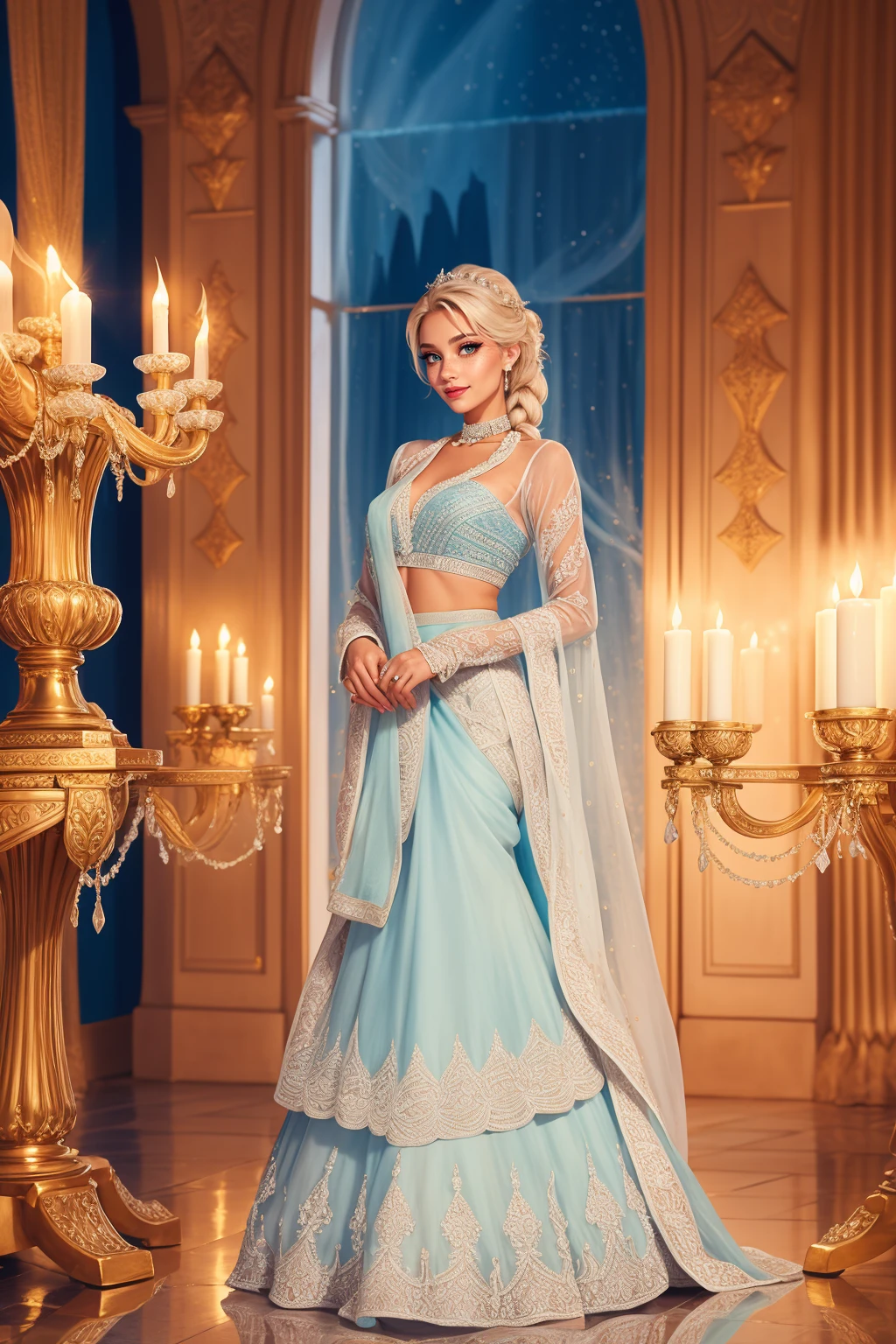 beautiful adult woman, solo, smile <lora:BPL3-46:0.65> vibrant colors, elsa \(frozen\), (blue:1.1 cotton dress), gossamer cloak, (frost magic), (snowflakes), platinum blonde braid, layered lehenga, ((dupatta scarf)), dr3ss, embroidered, organza, lace, standing, choker ,see-through sleeves, long sleeves, eyeliner, eyeshadow, makeup, (freckles) , Luxurious Venetian Canal House showcasing gilded candelabras and Venetian glass reflecting shimmering candlelight, providing an enchanting setting for an intimate dinner., high quality, best quality, high detail, 8k resolution, sharp focus, standing,