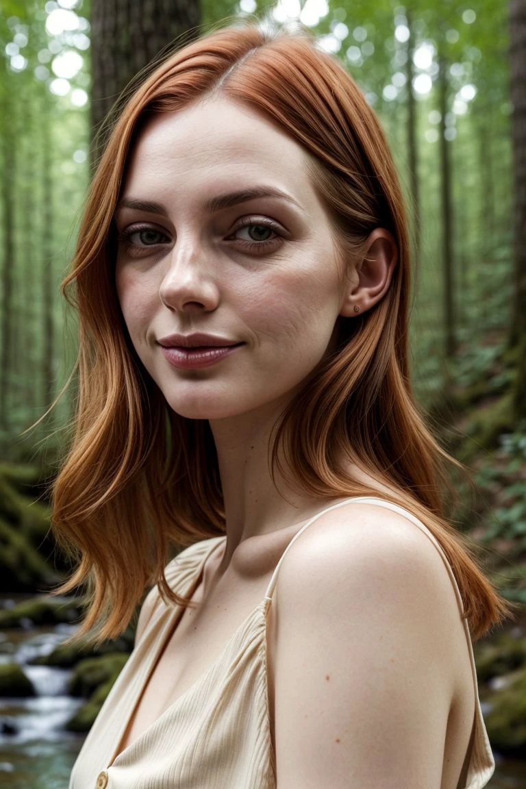 <lora:kawaii7.1.3_obj20:0.75:0.25>, European woman, closeup, sandals, (shirt), pants, (forest river), ZM_melissa, wide shoulders, perfect face, (contact iris: 1.1), pale skin, skin pores , depth of field