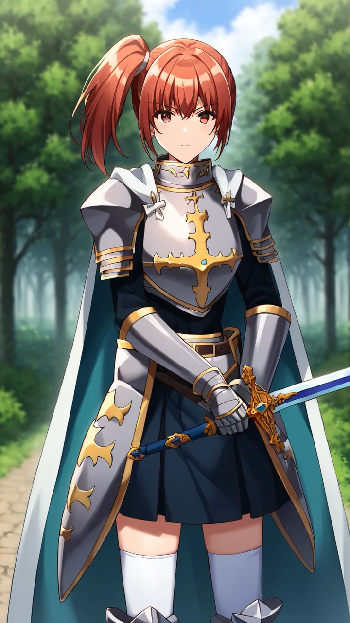 score_9, score_8_up, score_7_up, source_anime, rating_safe,
1girl, solo, outdoors, forrest, looking at viewer, holding sword, sword,
<lora:Chastille_Lillqvist-soralz:0.8>, 1girl, chastille_lillqvist, red hair, side ponytail, red eyes, bangs,
knight, breastplate, pauldrons, shoulder armor, cape, cross, gauntlets, blue skirt, white thighhighs, armored boots