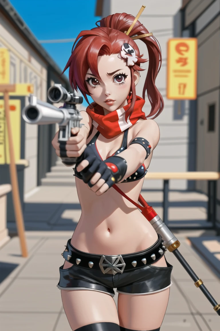 yoko littner,belt,swimsuit,1girl,shorts,bikini,navel,bikini top only,red hair,skull hair ornament,hair ornament,cosplay,scarf,short shorts,weapon,gun,blurry,gloves,solo focus,holding,cowboy shot,looking at viewer,sniper rifle,aiming,thighhighs,fingerless gloves,rifle,lips,outdoors,depth of field,day,hair stick,asymmetrical gloves,black shorts,blurry background,thigh gap,parted lips,long hair,holding weapon,midriff,studded belt,standing,