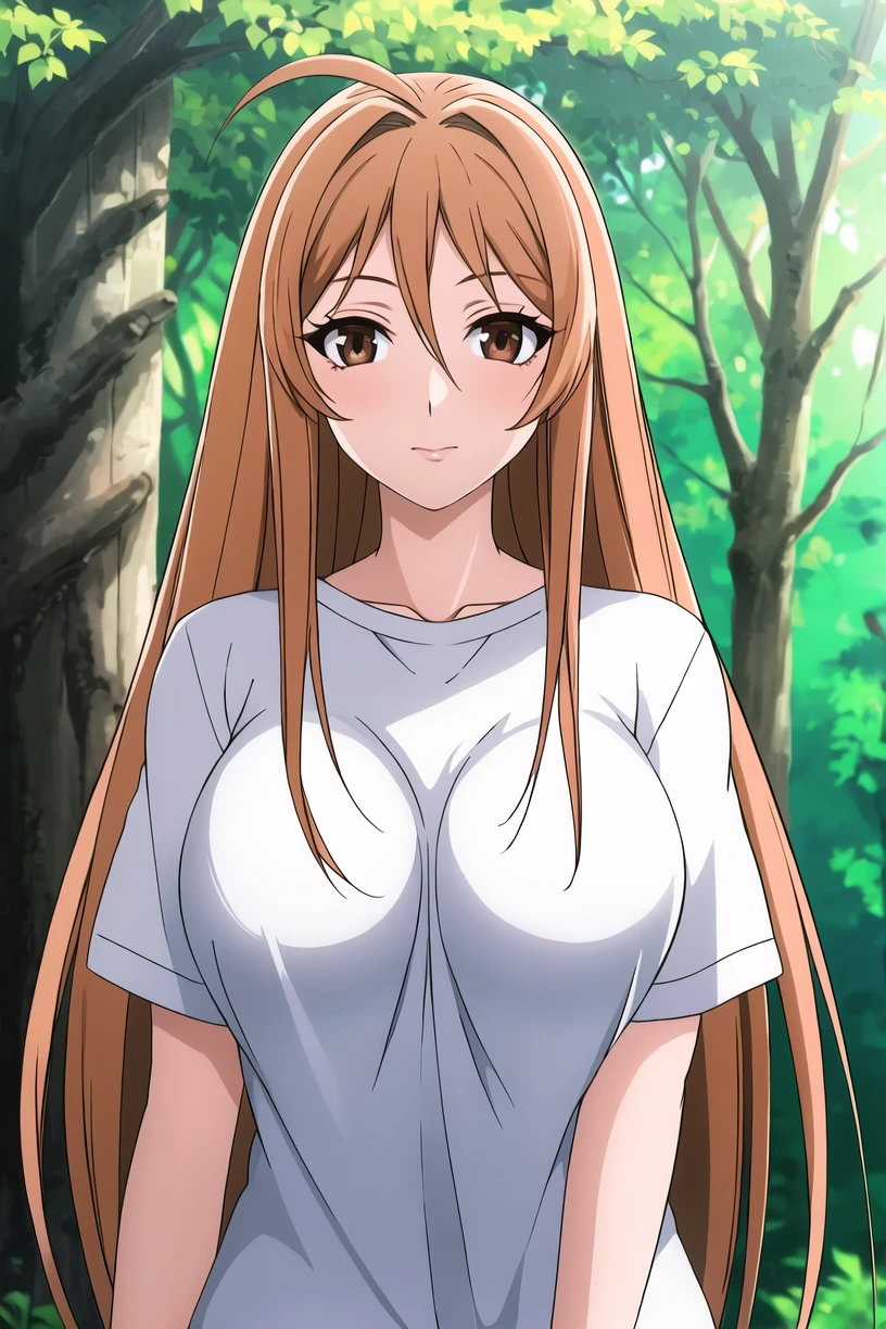 best quality, (masterpiece:1.2), highly detailed, 1girl, kotegawa nanaka, looking at viewer, slight smile, open mouth, brown eyes, brown hair, long hair, elbow sleeves, (huge tits), ((nude)), (nipples), (pussy), (busty), (thick), squat pose, straight long hair, at rice field, forest, (fullbody)