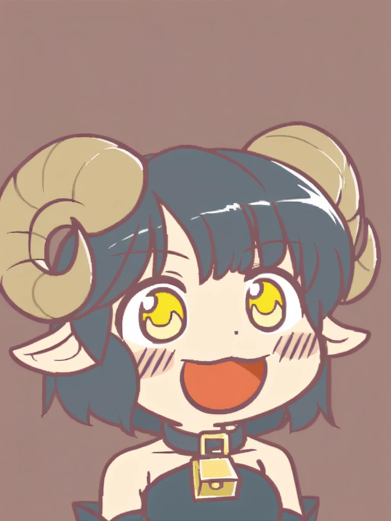 <lora:Ikiyouz-PonyXL-1024px:0.9>
score_5, score_6, 
1girl, solo, chibi, portrait, wearing (fur_collar, detached sleeves), short black hair, yellow eyes, sheep_horns,  smile, open mouth, yellow eyes, slit pupils