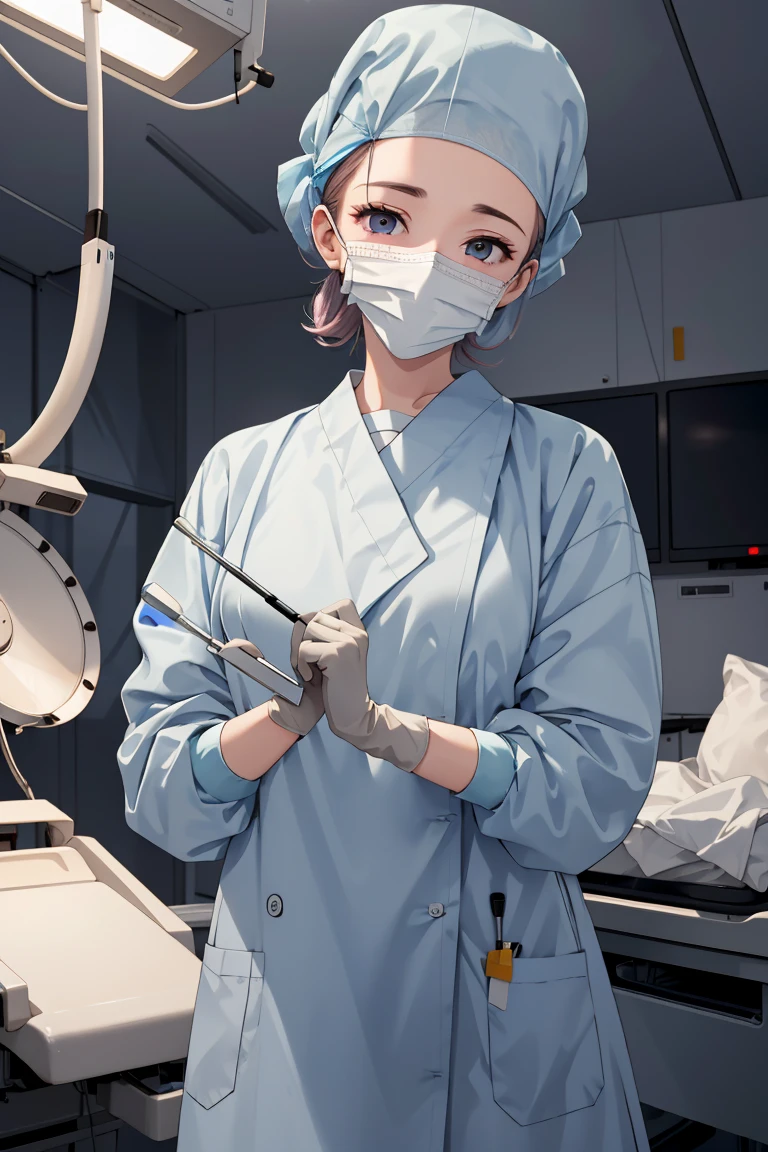 (RAW photo, best quality), (1girl), operating room, overhead surgical light,blurred background, focused,
 <lora:Gloving_UP_V2.0-000006:0.8> gloving_surgeon, surgical mask, long sleeves, looking at viewer, adjusting gloves, bouffant cap, gloves,