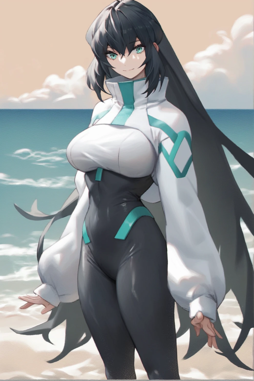 score_9, score_8_up, score_7_up, score_6_up, score_5_up, source_anime, <lora:gbd-120:1>, gbd_may, 1girl, solo, black hair, shrug (clothing), long hair, white breast black bodysuit , aqua eyes, high heels, looking at viewer, green eyes, very long hair, bangs, ocean, beach, light smile, large breasts, cowboy shot,