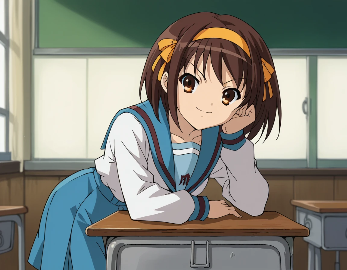 score_9, score_8_up, score_7_up, source_anime,
haruhisuzumiya,  <lora:haruhi-suzumiya-s1-ponyxl-lora-nochekaiser:1>,
haruhi suzumiya, short hair, brown hair, brown eyes, hairband, medium hair, ribbon, hair ribbon,
skirt, long sleeves, school uniform, serafuku, sailor collar, blue skirt, blue sailor collar, winter uniform, kita high school uniform,
indoors, classroom, bent over, smile,
looking at viewer, cowboy shot, solo,