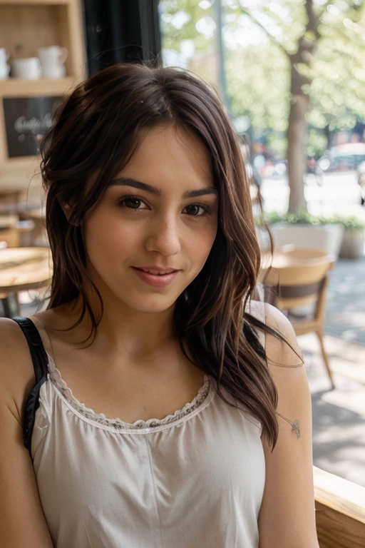 <lora:CherryPotter:0.8>, full color portrait of a young woman, having coffee at a posh cafe, smile, natural light, RAW photo, subject, 8k uhd, dslr, soft lighting, high quality, film grain, Fujifilm XT3