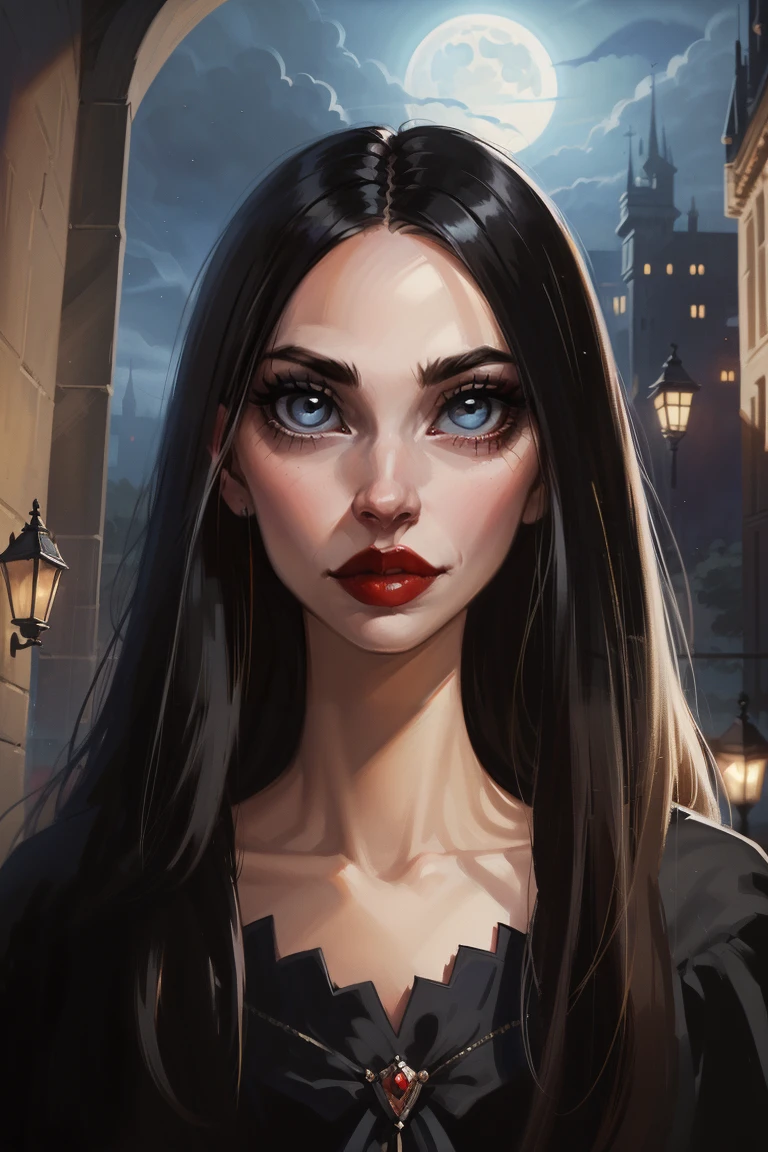 portrait of vampire queen standing in dark, black hair, no pupils, no sclera, red lips, fangs, castle indoors, moonlight, particles, night, dark scene <lora:sxz-bimbo-x:0.9> big eyes, big lips, style parody, caricature