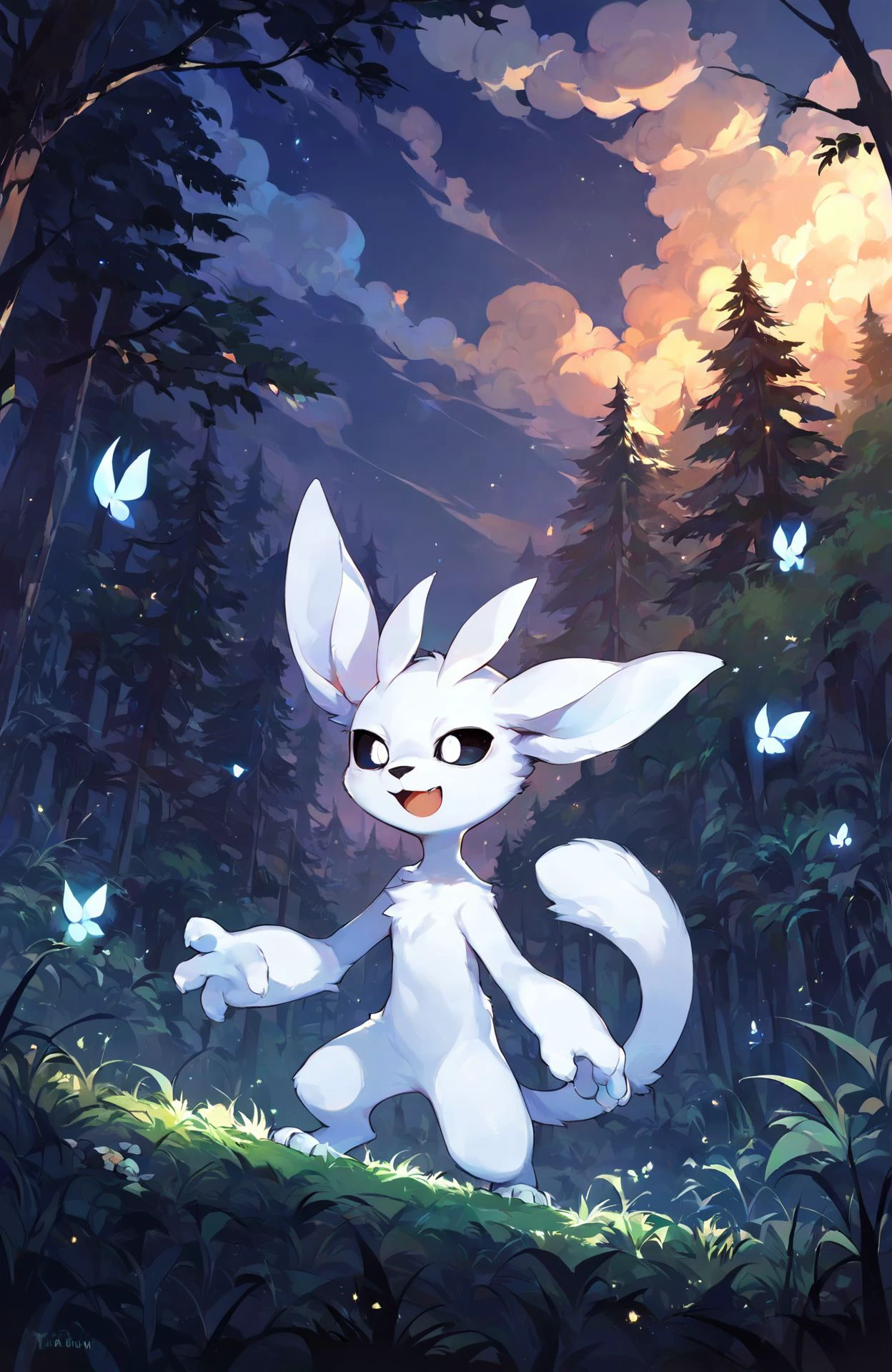 <lora:Ori:0.8> ori, white fur, paws, tail, black sclera, white eyes, black nose, source_anime, upper body, forest, tree, grass, standing, lit by moonlight, night, night sky, cloud, glowing, open mouth, smile, photoshop \(medium\),, score_9, score_8_up, score_7_up, score_6_up, score_5_up, score_4_up, ponypositive,
