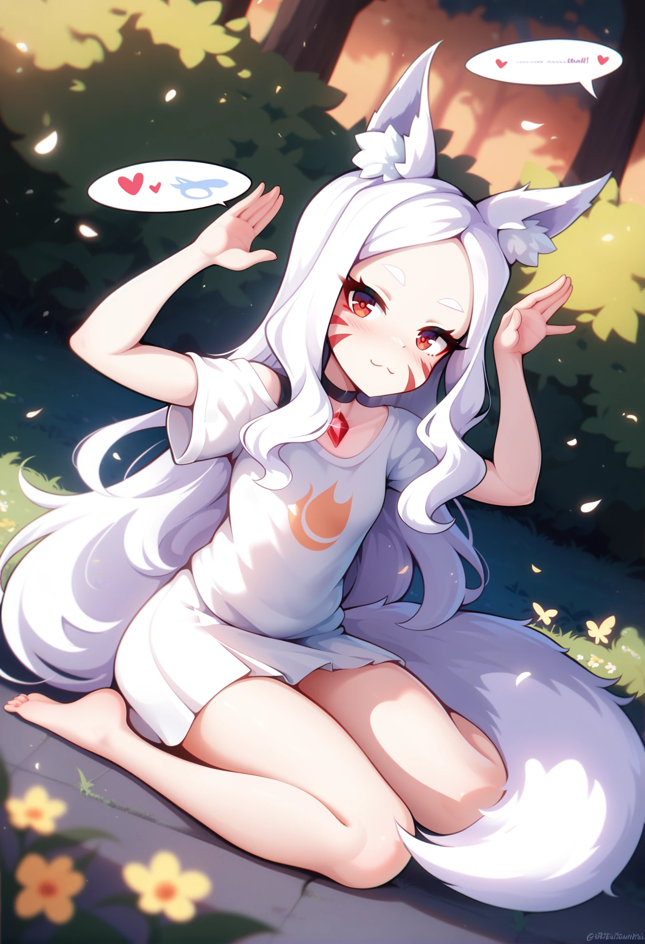 by merrytail, best quality, masterpiece, score_9, score_8_up, score_7_up,
1girl, shiro \(sewayaki kitsune no senko-san\), animal ear fluff, fox girl, fox ears, fox tail, eyelashes, white hair, long hair, red eyes, facial whisker markings, pale skin, choker gem, sleeveless t-shirt, skirt, white panties, full body,  :3, rabbit pose, speech bubble with heart, wariza,
outdoors, forest meadow, flowers, bushes, dusk, evening, fireflies, grass