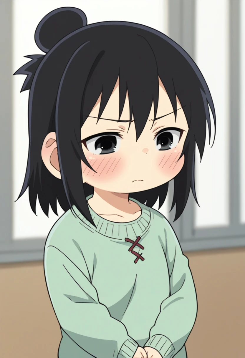 score_9, score_8_up, score_8, source_anime, 1girl, solo, chibi, <lora:HitohaMarui:0.9> , black eyes, black hair, hair bun, green sweater, blush, embarrassed,
simple background, blurry background,
