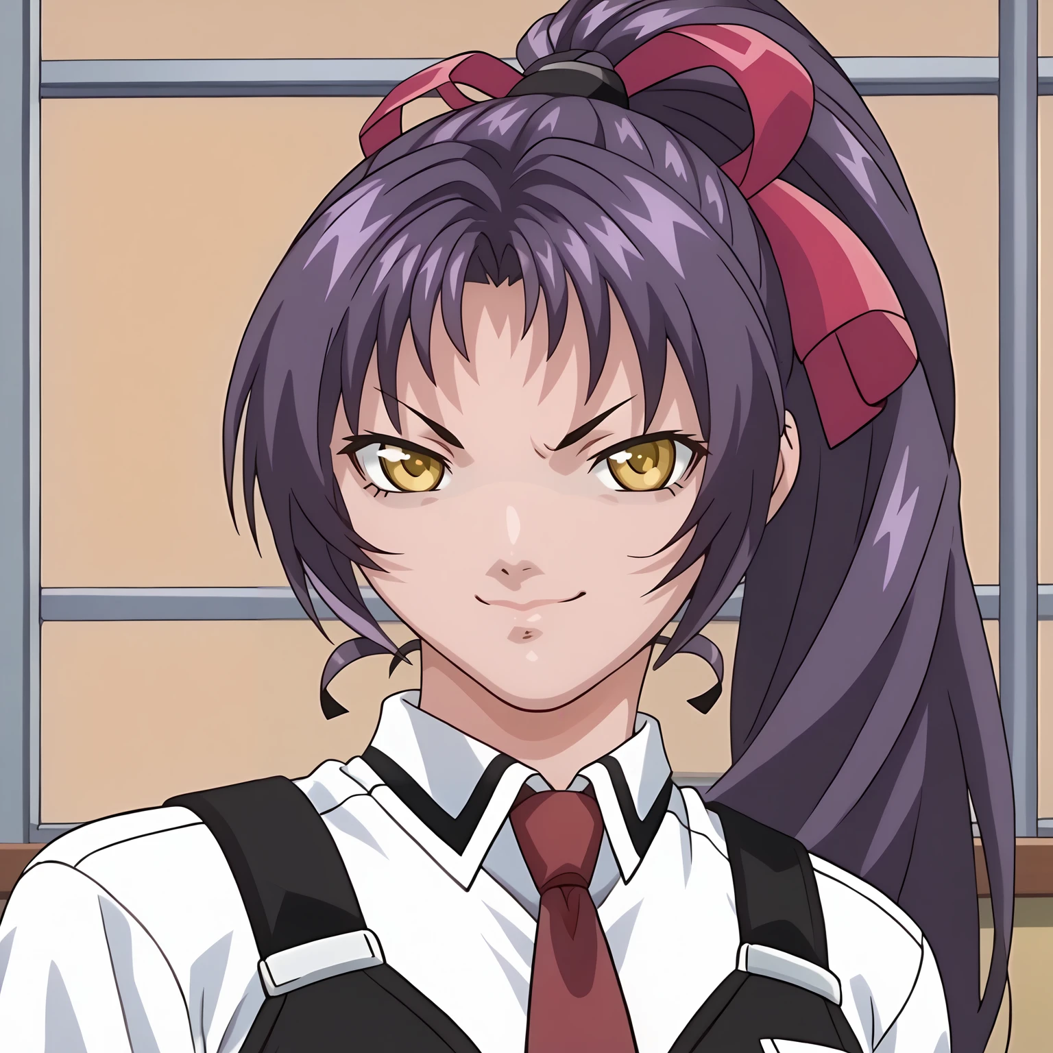 <lora:NamiKozonoXLpony001>,looking at viewer,
solo,
NamiKozono,1girl,purple hair,high ponytail,hair_ribbon,yellow eyes,
school uniform,white shirt,strap,vest,red tie,shaded_face,smirk,