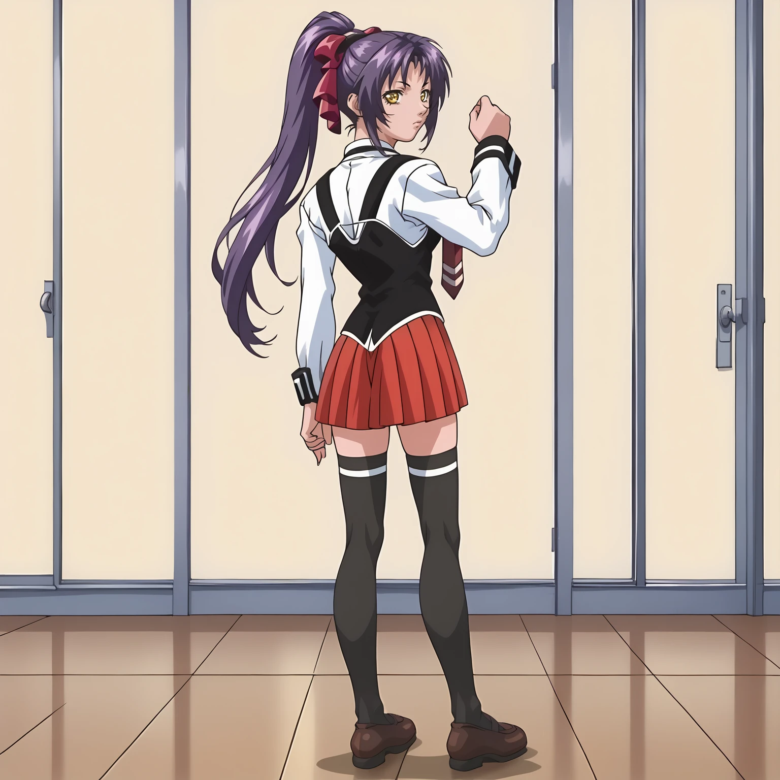 <lora:NamiKozonoXLpony001>,
solo,
NamiKozono,1girl,purple hair,high ponytail,hair_ribbon,yellow eyes,
school uniform,white shirt,strap,vest,red tie,
red skirt,
thighhighs,
full body,standing,looking back,