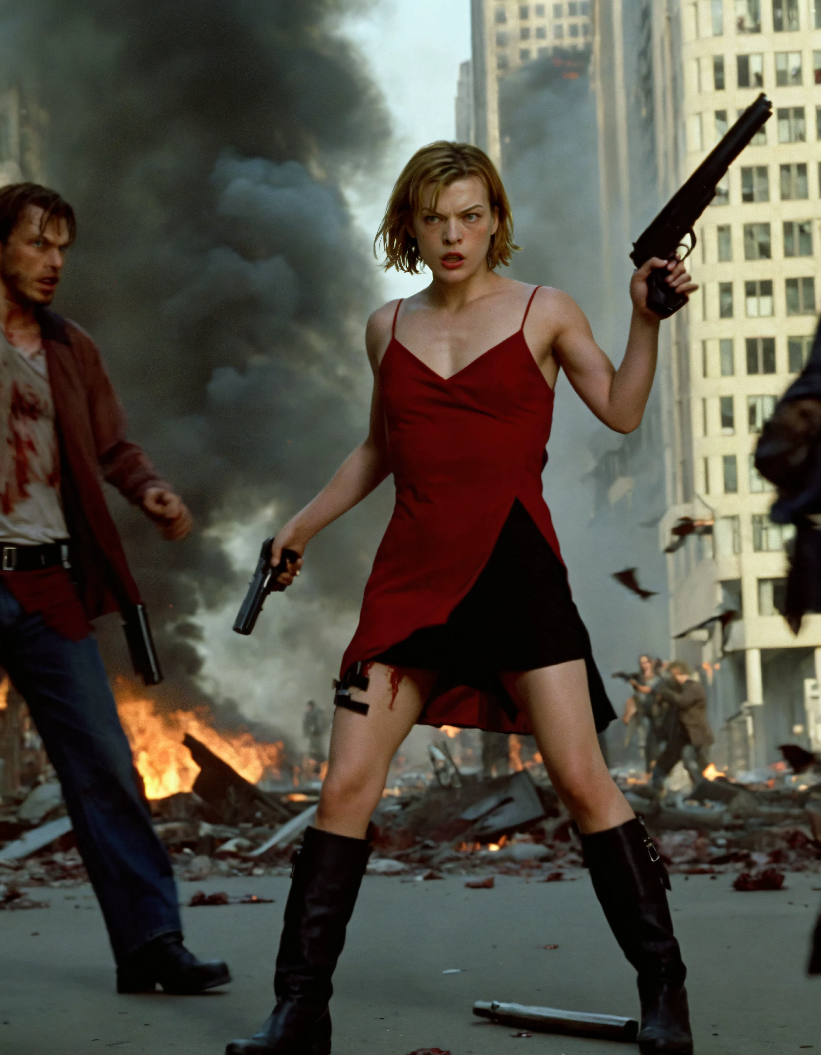 high resolution photo of alic32002 woman,blonde hair,wearing a red dress,black boots,full body shot,she is holding a gun,fighting zombies while a city is on fire