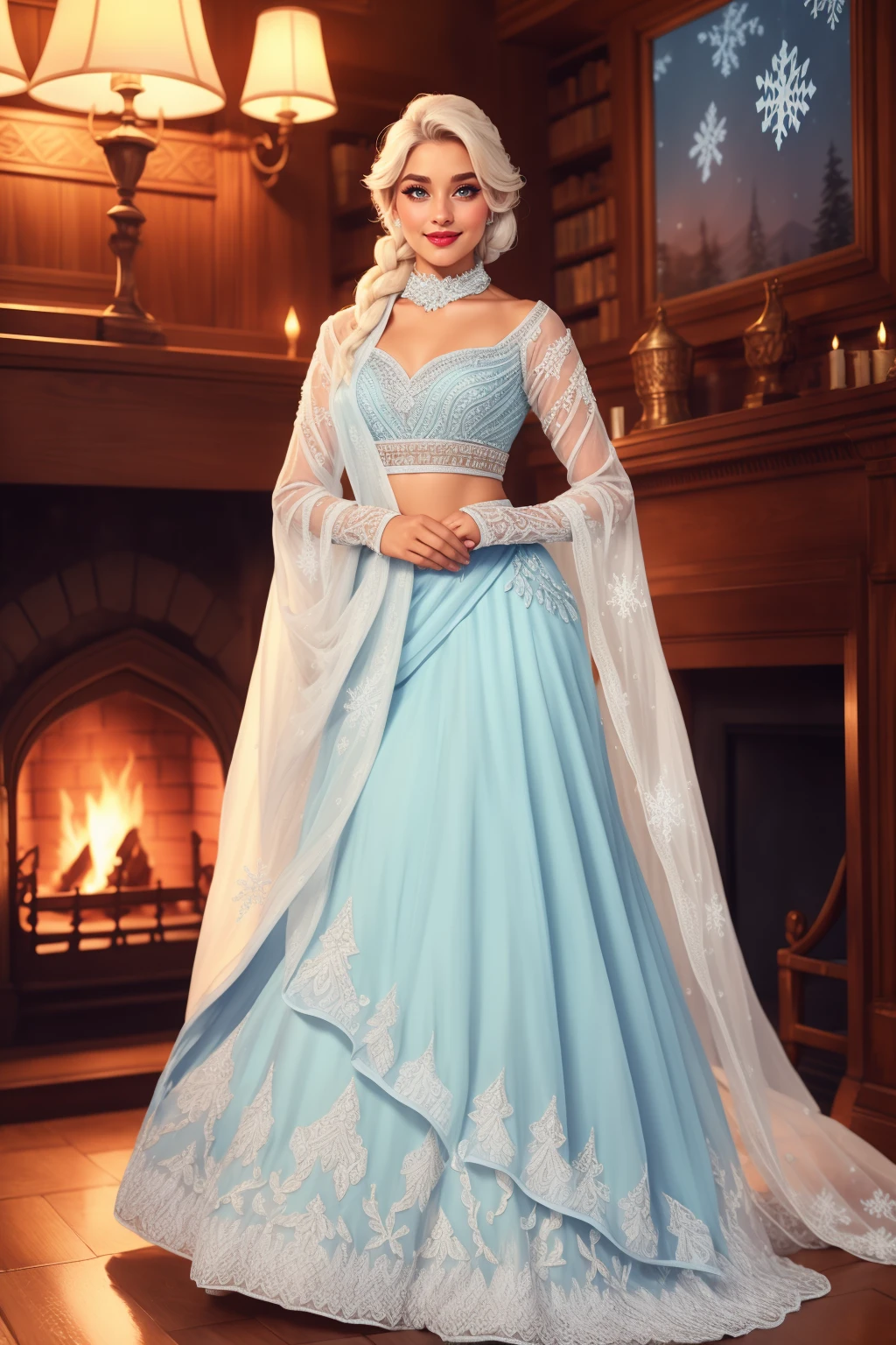 beautiful adult woman, solo, smile <lora:BPL3-46:0.65> vibrant colors, elsa \(frozen\), (blue:1.1 cotton dress), gossamer cloak, (frost magic), (snowflakes), platinum blonde braid, layered lehenga, ((dupatta scarf)), dr3ss, embroidered, organza, lace, standing, choker ,see-through sleeves, long sleeves, eyeliner, eyeshadow, makeup, red lips , Majestic Scottish Castle Library, dimly lit by antique lamps and crackling fireplace, exuding old-world charm, perfect for reading and whispered confessions., high quality, best quality, high detail, 8k resolution, sharp focus, standing,