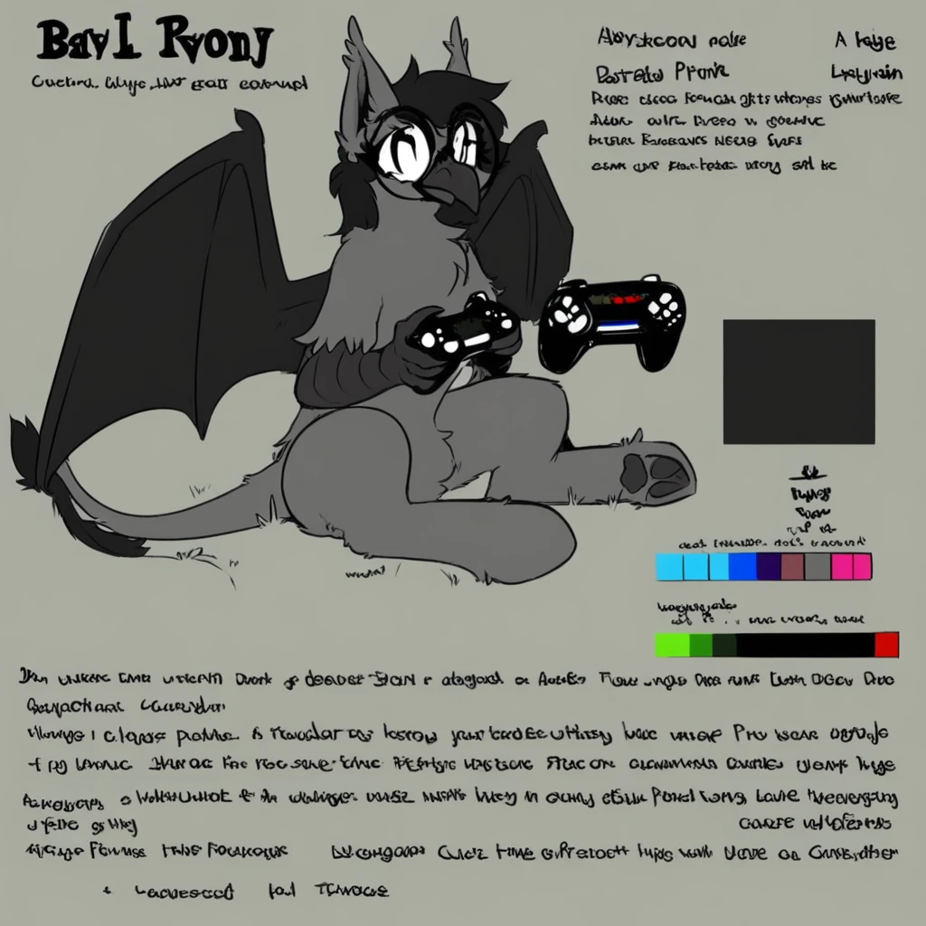 english text, wings, color guide, sitting, star (symbol), tree, controller, tail, gryphon, no humans, Batpony, outdoors, solo, simple background, round eyewear