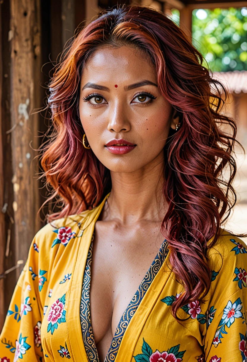 Modelshoot (Candid 1.3) photo of a vivacious 28-year-old nepali supermodel, fullbody view, Striking eyes, voluminous wavy red hair, coy expression, lipgloss, wearing intricately detailed Yellow Kimono, looking at viewer, (upper body shot:1.5) Natural lighting, shot using a Leica T in the style of (Daniel Jackson:1.3) High detail, intricate, detailed face, detailed eyes, detailed skin, Shallow Depth of Field, Rustic Background,