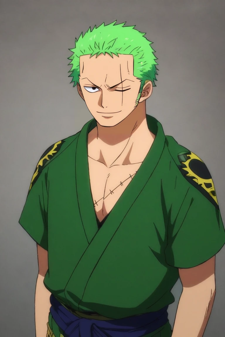 score_9, score_8_up, score_7_up, source_anime, intricate details, (realistic:0.6), , , , 1boy, solo, male focus, <lora:zoro_roronoa_pony:0.9>, zoro_roronoa, green hair, black eyes, short hair, post timeskip, wano country arc, chonmage, japanese clothes, green kimono, scar across eye, one eye closed, smile, , science fiction cyberpunk, , <lora:sdxl_lightning_8step_lora:1>