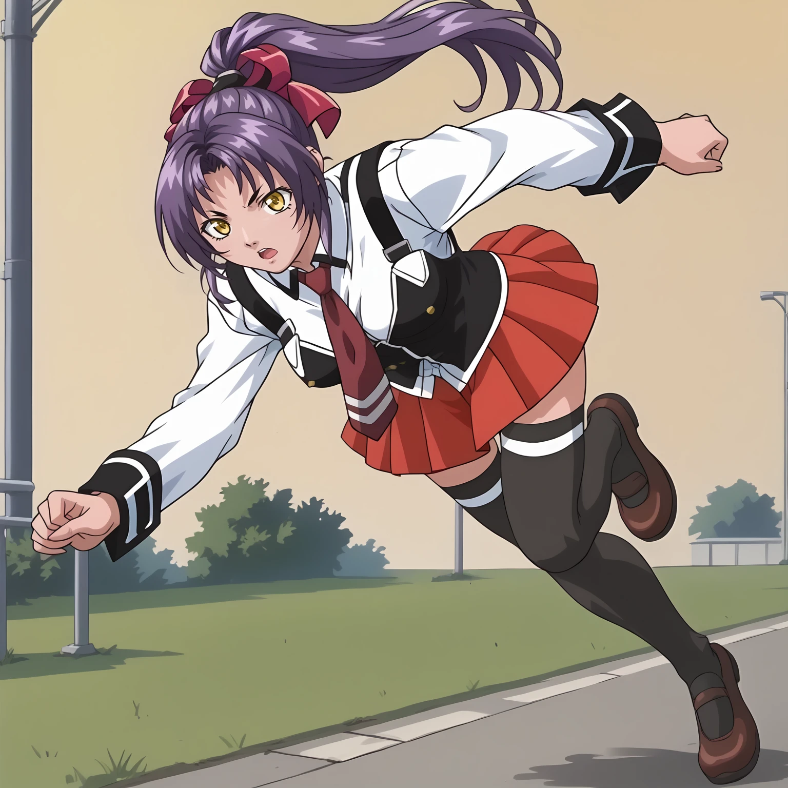 <lora:NamiKozonoXLpony001>,
solo,
NamiKozono,1girl,purple hair,high ponytail,hair_ribbon,yellow eyes,
school uniform,white shirt,strap,vest,red tie,
red skirt,
thighhighs,
full body,running,