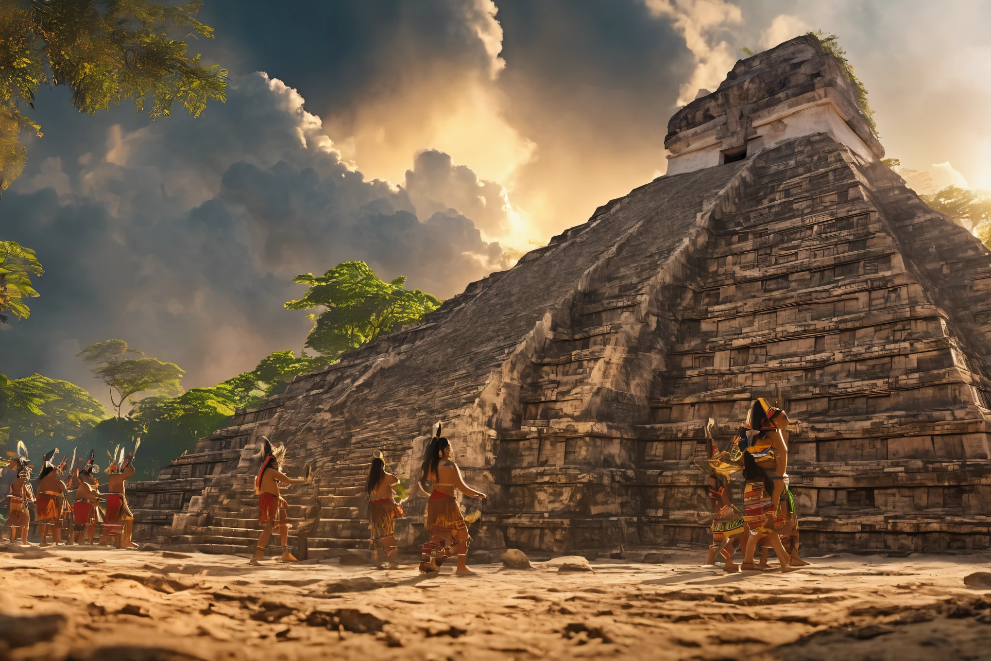 Maya civilization ritual to celebrate the end of the world, cinematic lighting, Ultra-Wide Angle, panorama, UHD, retina, masterpiece, super detail, award winning, best quality, 4K