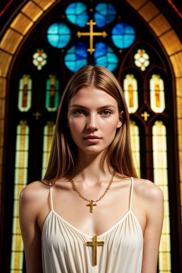 European woman, closeup, (shirt), pants, (shopping mall hallway), cross necklace , ZM_viola, wide shoulders, perfect face, (contact iris: 1.1), pale skin, skin pores , depth of field