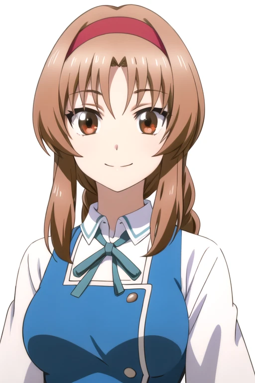 solo, 1girl, looking at viewer, 2D, anime, anime coloring, upper body, (solid white background:1.3),<lora:takao-dfrag:0.8>, takao, school uniform, smile