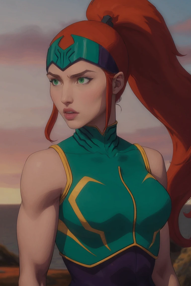 masterpiece, best quality, high quality, highres, twilight, sunset,  upper body, 
CARTOON_DC_JL_MeraQueen_ownwaifu, www.ownwaifu.com, 
1girl, long hair, red hair, big hair, ponytail, green eyes, very long hair, makeup, headband, forehead protector, lipstick, muscular, lips, helmet, muscular female, large breasts, high ponytail,  collarbone,  hair pulled back, thighs, eyelashes, eyeshadow, 
green leotard, leotard, bare shoulders, sleeveless, armor, bodysuit, gloves, fingerless gloves, turtleneck, armband, hairband, armlet, breastplate, green dress, 
<lora:CARTOON_DC_JL_MeraQueen_ownwaifu-15:0.9>