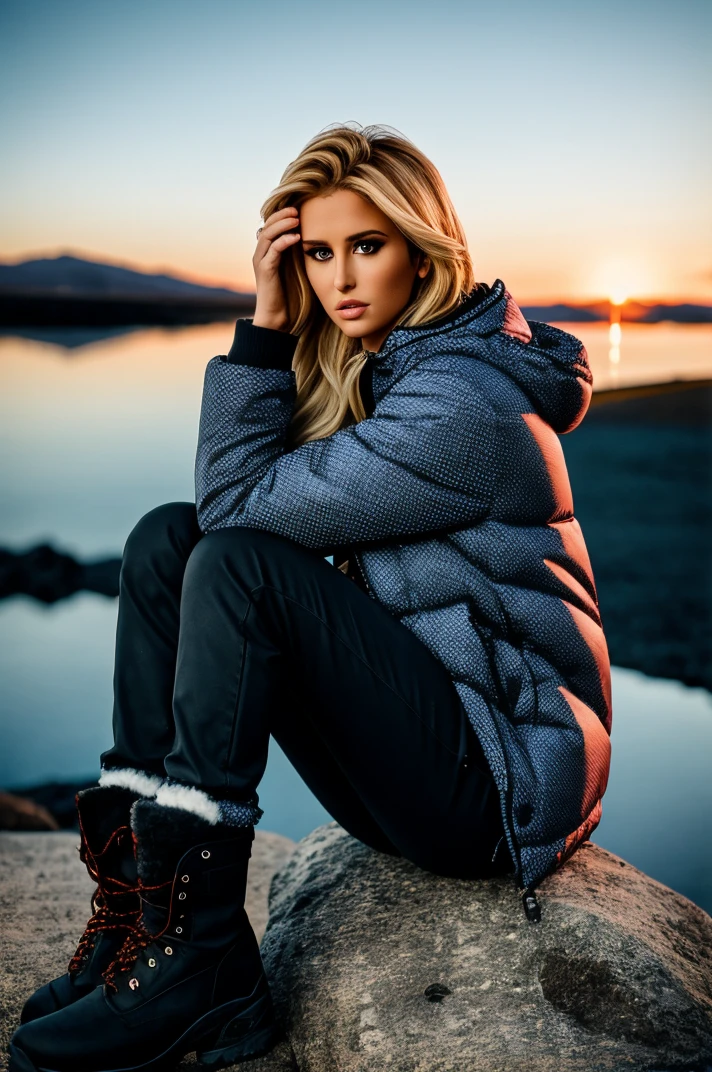 tv_Emma_Hernan_M, , , sad expression, wearing a winter coat, wearing winter pants, wearing winter boots, sitting on a rock by a frozen mountain lake, midnight, moonlight, shot from the side,, 8k resolution, highres, high detail, sharp focus, detailed skin, 8k uhd, bokeh, analog photography