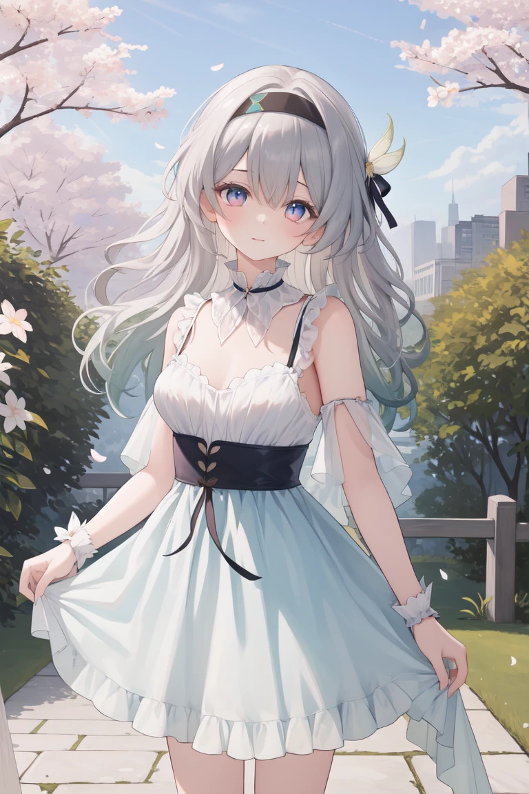 masterpiece,best quality,highres,ultra-detailed,(facing_viewer:1.1),solo,1girl,small breasts,standing,outdoors,garden,cherry blossom,trees,cowboy shot,firefly,black hairband,long hair,grey hair,