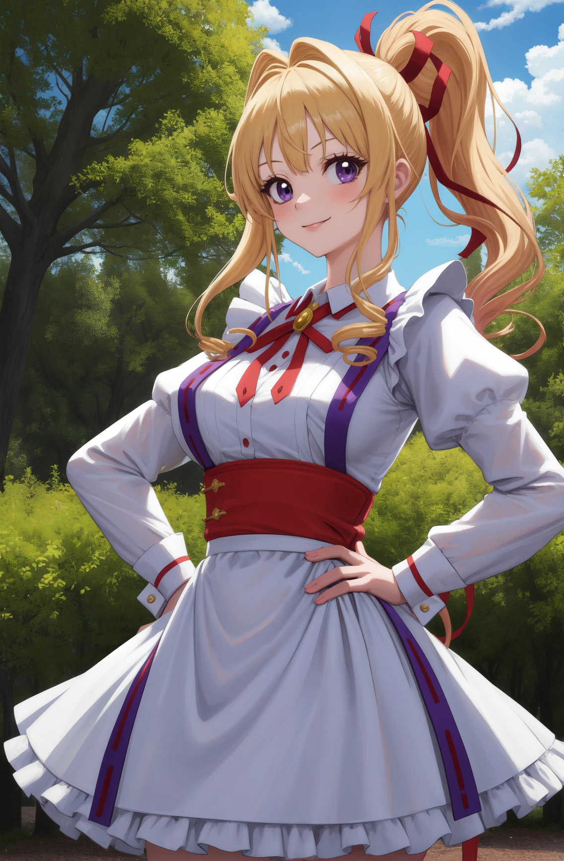 masterpiece, best quality, very aesthetic, ultra detailed, intricate details, 4k, anime style,
Jeanneai, 1girl, solo, long hair, blunt bangs, bangs, smile, purple eyes, blonde hair, bow, ribbon, hair ribbon, ponytail, red ribbon, red bow, drill hair, high ponytail, 
maid, maid headdress, maid apron, long sleeves, puffy sleeves, skirt, lace trim, kusakabe maron, 
standing, looking at viewer, hands on own hips, cowboy shot, forest, outdoors, tree, sunlight, cloudy, <lora:Jeanne:1>