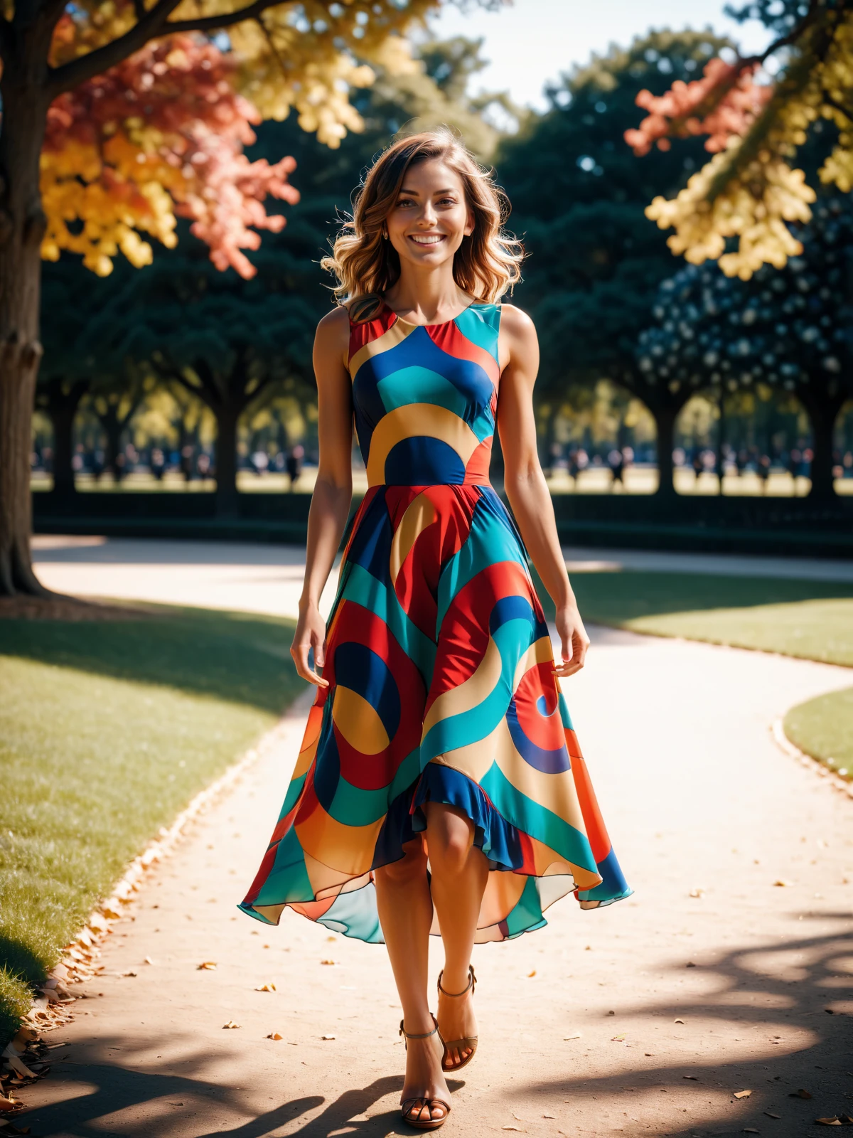 woman walking through park wearing colorful mad-clfcrcle dress, light smile, dynamic pose, cinematic shot, great lighting<lora:Colorful_Circles_SDXL_v2:0.8> mad-clfcrcle, raw photo, film grain, Fujifilm XT3, (photorealistic, realistic:1.2), deep shadow, 8k, uhd, dslr, ultra high res