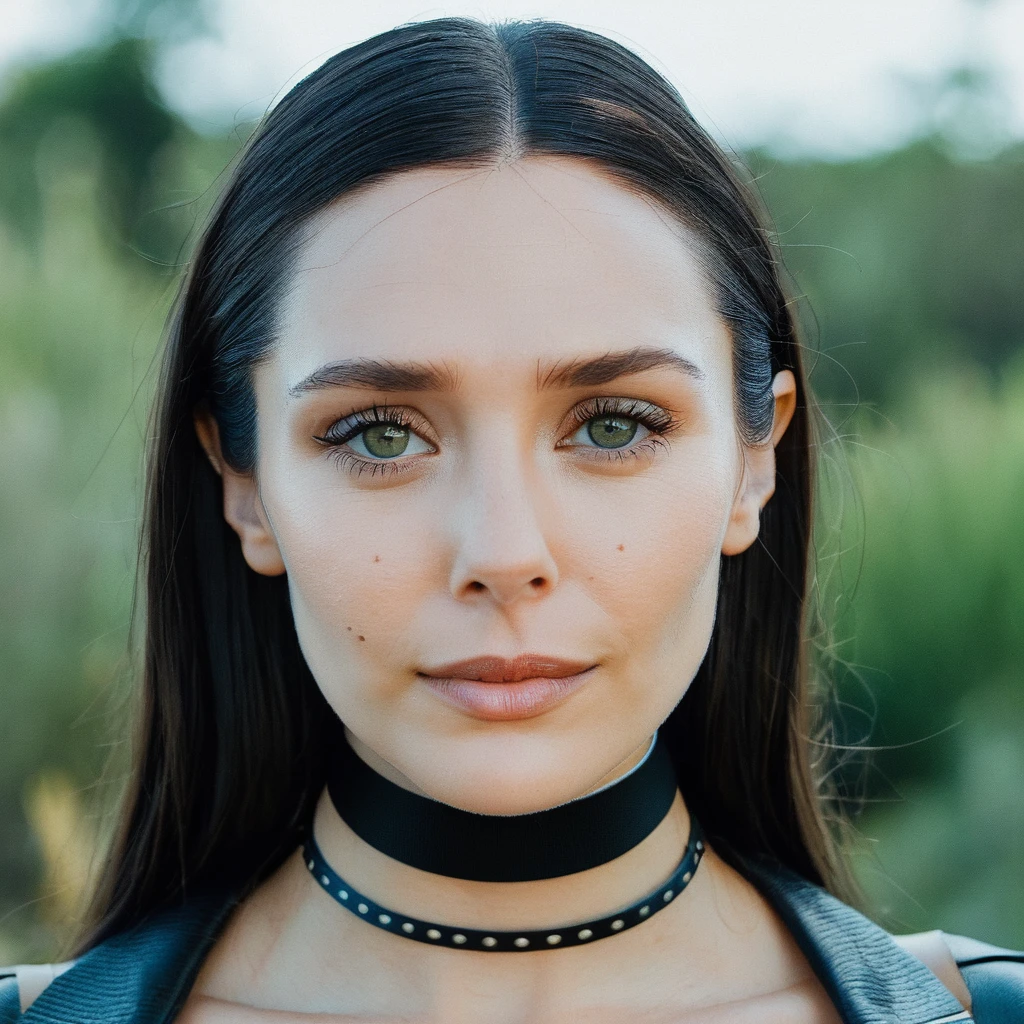 Skin texture, no makeup, Super high res closeup portrait photo of a woman outdoors with straight hair, wearing a choker around her neck,f /2.8, Canon, 85mm,cinematic, high quality,looking at the viewer, elixolsen, <lora:eliolsen_juggerX_v7_standard_wocap_merger_27_74_98_02_03_05-elixolsen:1>