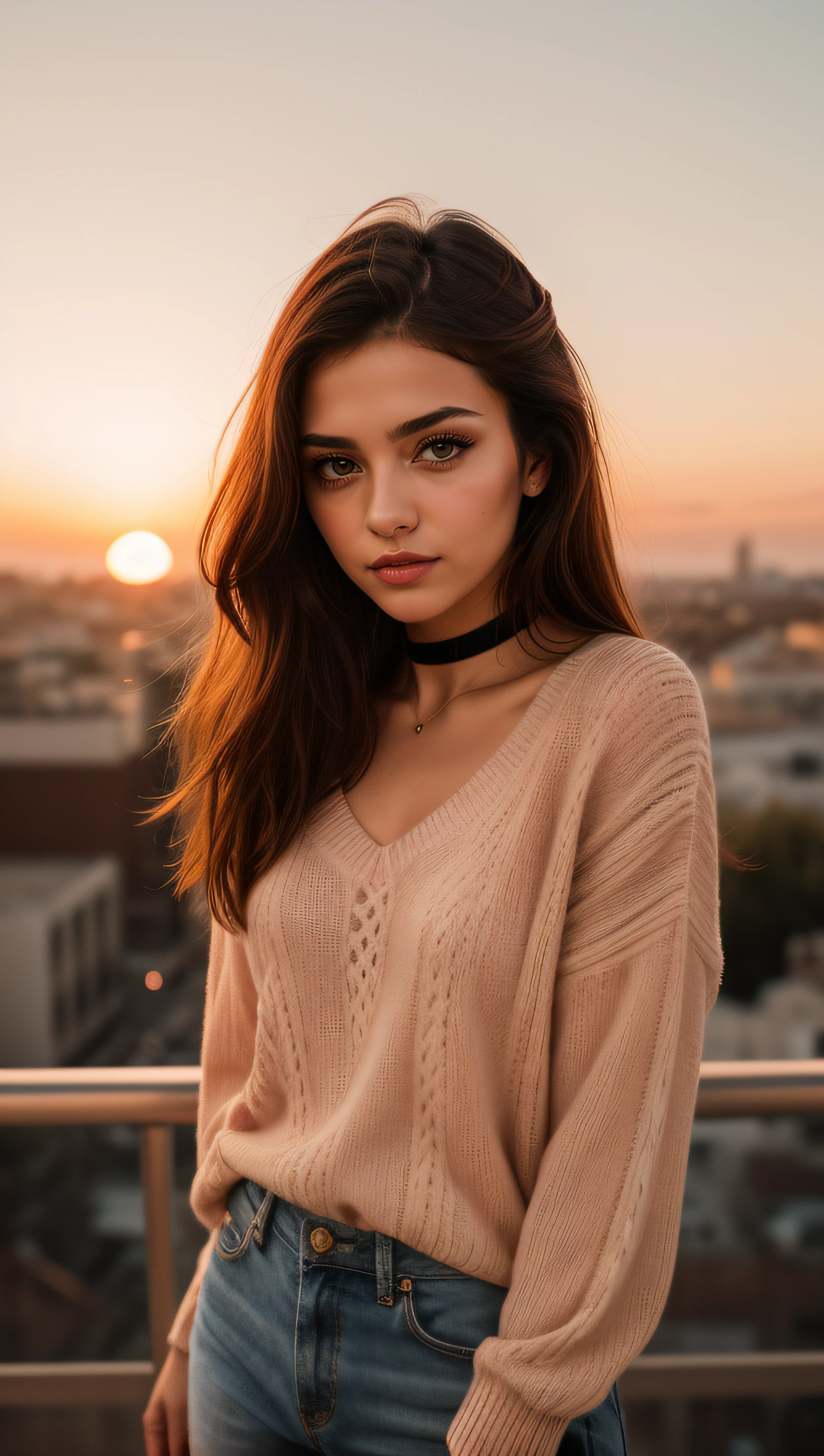 1 young cute iranian girl, very slim, skinny, redhead, rouge, red neck lace choker, cateyes makeup, colorful, oversize knit jumper, softcore, warm lighting, cosy atmosphere, Instagram style, red theme, upper body shot,(cinematic, black and red:0.85), (sunset beautiful background:1.3), sharp, dim colors