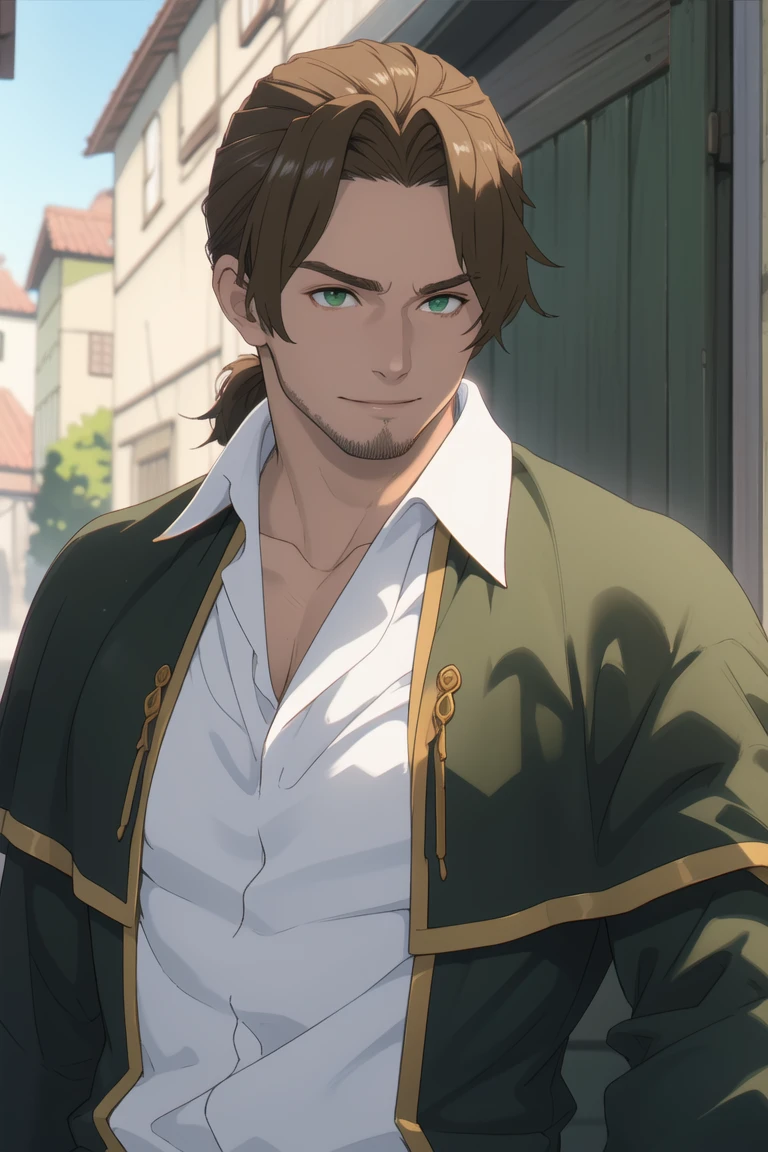 solo male, Sein \(Frieren: Beyond Journey's End\), priest, brown hair, low ponytail, parted bangs, thin hair, stubble, green eyes, white collared shirt, (shirt white hems, untucked shirt:1.3), (dark coat with a golden accent, dark capelet, dark sleeves:1.1), open coat, (portrait, close-up, headshot), slight smile, mature, handsome, charming, alluring, perfect anatomy, perfect proportions, best quality, masterpiece, high_resolution, dutch angle, photo background, old city<lora:EMS-360624-EMS:1.000000>