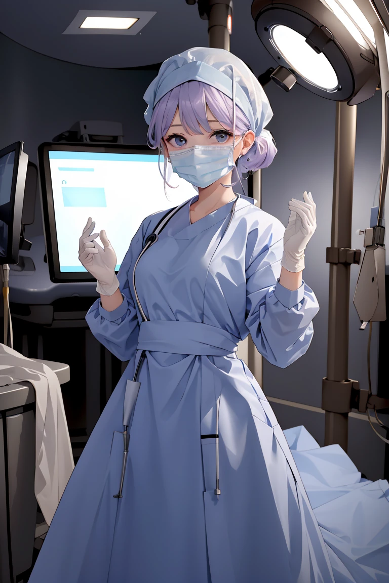 (RAW photo, best quality), (1girl), operating room, overhead surgical light,blurred background, focused,
 <lora:Hands_UP_V2.0-000006:0.8> hands_up_surgeon, looking at viewer, surgical mask, gloves,long dress, long sleeves,