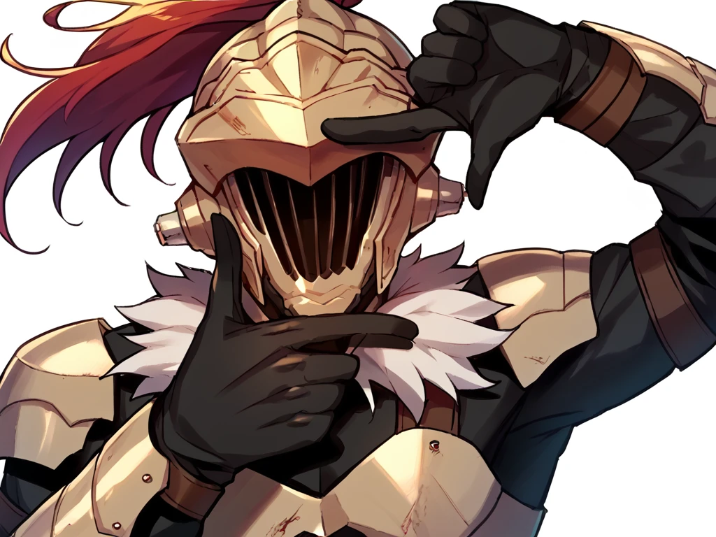 score_9, score_8_up, score_7_up, score_6_up,
BREAK 1boy, <lora:GS13:1> gs_slayer, helmet, visor \(armor\), fur trim, armor, black gloves, vambraces, <lora:finger_frame_xlpony_240406:1> finger frame