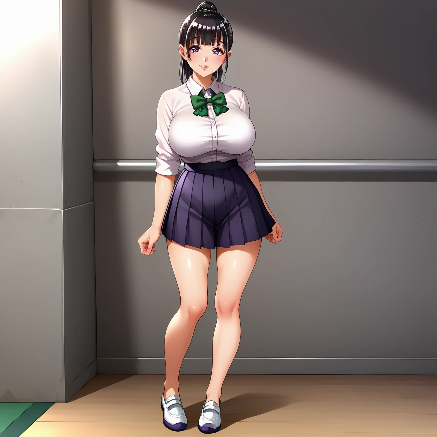 <lora:YuiTachibanaXLpony001>,looking at viewer,smile,parted lips,
solo,
YuiTachibana,1girl,black hair,ponytail,purple eyes,
large breasts,
white shirt,green bowtie,
pleated skirt,thigh,
full body,standing,