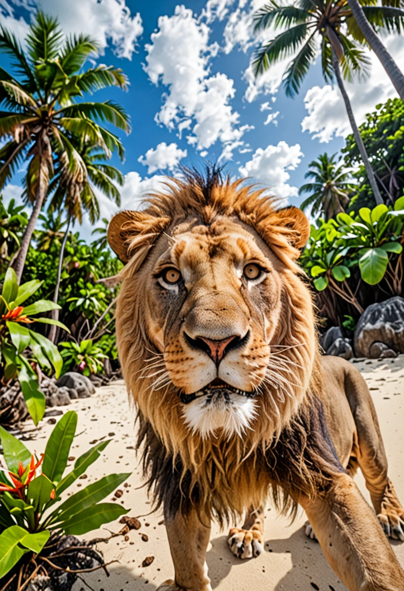 a lion takes a selfie in tropical island with bioluminescent flora and fauna, in the style of fisheye effects, funny mood, strong facial expression, wimmelbilder, tilt shift,