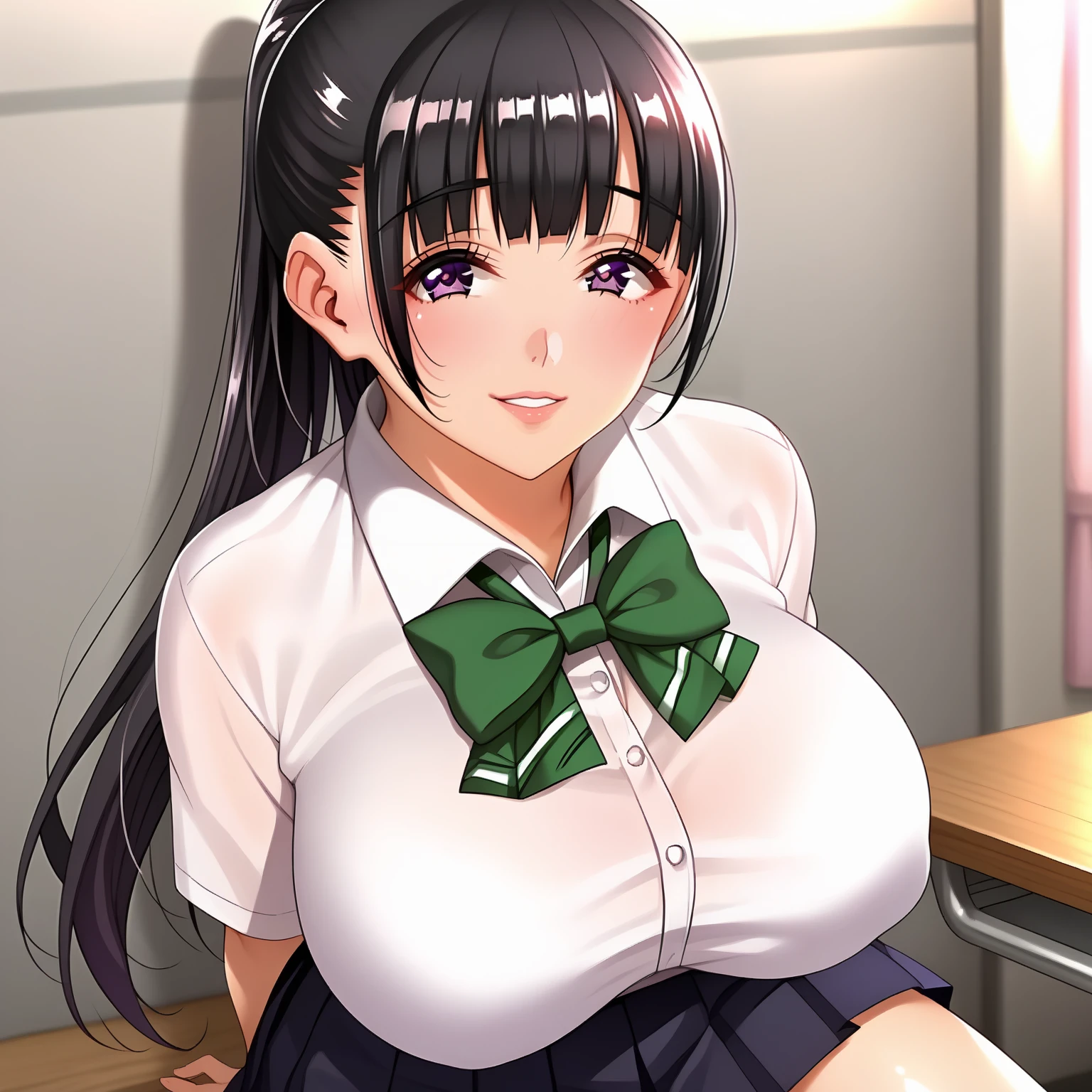 <lora:YuiTachibanaXLpony001>,looking at viewer,smile,parted lips,
solo,
YuiTachibana,1girl,black hair,ponytail,purple eyes,
large breasts,
white shirt,green bowtie,
pleated skirt,thigh,