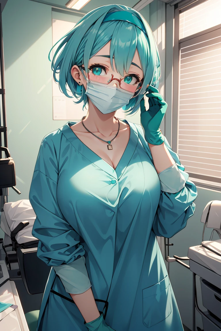 (RAW photo, best quality), (1girl), operating room, overhead surgical light,blurred background, focused,
 <lora:Gloving_UP_V2.0-000006:0.8> gloving_surgeon, surgical mask, long sleeves, looking at viewer, adjusting gloves, bouffant cap, gloves,glove pull,
 <lora:Tomomi Kii:0.7> (1girl, 3dcg 08, aqua hair, bangle, collarbone, glasses, green eyes, hairband, medium breasts, necklace, semi-rimless eyewear, short hair, sidelocks, solo, tomomi kii, under-rim eyewear),