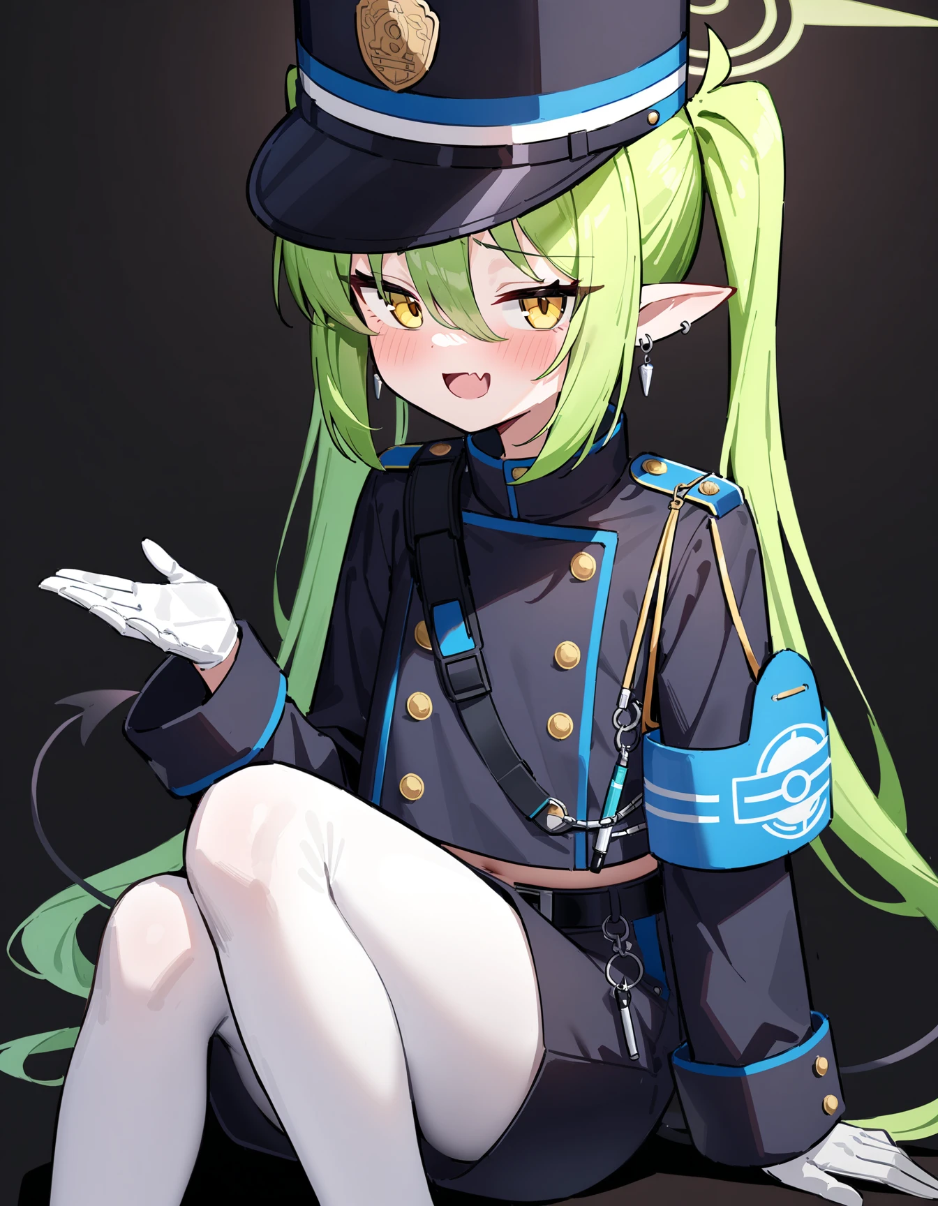 (score_9,score_8_up,score_7_up,),,1girl,highlander-left,yellow eyes, green hair, long hair, pointy ears,halo,demon tail, jacket,skirt,arm band,white pantyhose, white gloves,peaked cap,boots