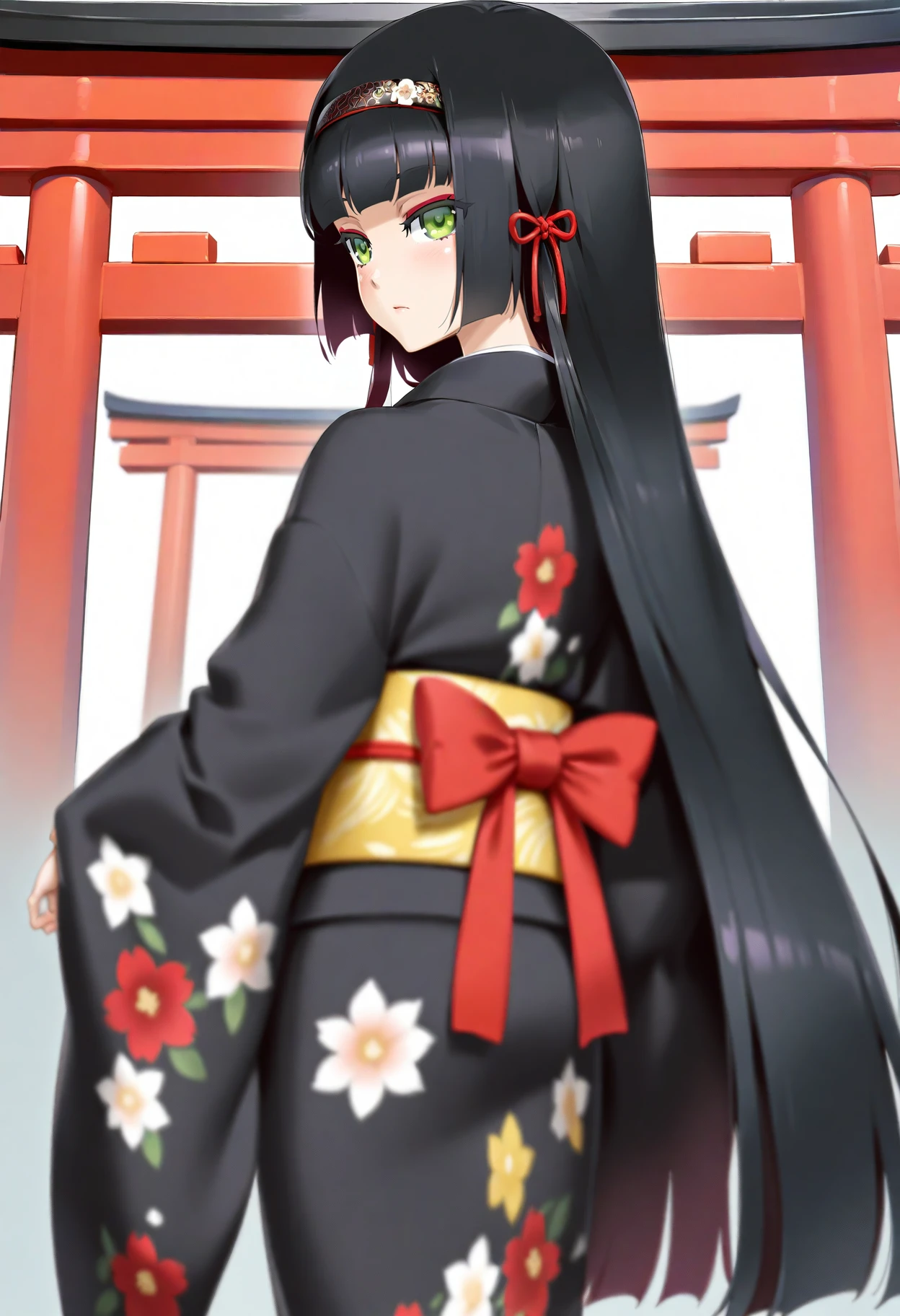 renge \(bishoujo mangekyou\), 1girl, japanese clothes, long hair, solo, green eyes, black hair, kimono, hairband, transparent background, floral print, black kimono, sash, obi, blunt bangs, hime cut, ribbon, looking at viewer, hair ribbon, very long hair, flower, long sleeves,looking back,outdoors,shrine,torii,
masterpiece,best quality