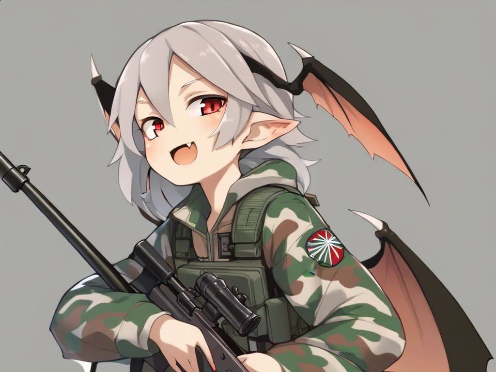 <lora:Asutora-PonyXL-1024px:0.8>
score_5, score_6, score_7, 
1girl, solo, holding rifle, wearing (fatigues, camouflage), head_wings, bat_wings, pointy_ears, red_eyes, smile, open mouth, fang, Vietnam background