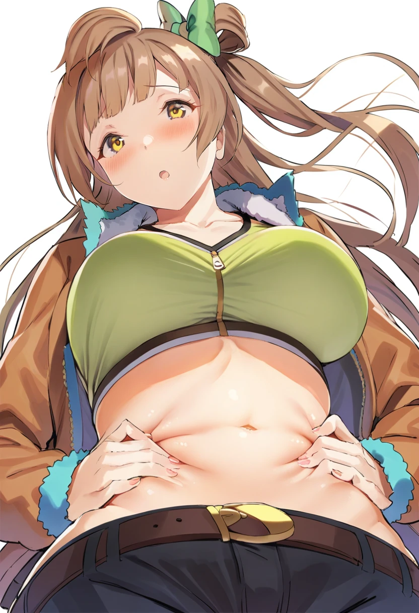 (masterpiece, top-quality, hight resolution:1.22), (anime screencap,1.5, anime-keyvisual), (ultra_detailed, 4k, UHD:1.2), (photorealistic, pixiv:1.3), the perfect body, miyoshi kaya, KizukiAi, light brown hair, high ponytail, orange eyes, parted bangs, forehead, 1girl, solo, closed mouth, blush, (sagging huge breast:1.5, Breasts Apart), (slim, hands up, navel), (hoodie, open clothes:1.5), (on back, sleepy), (upper body:1.5, on bed), (perfect detailed anatomy:1.5, beautiful detailed face, beautiful detailed eyes, beautiful skin, perfect detailed arms:1.5),