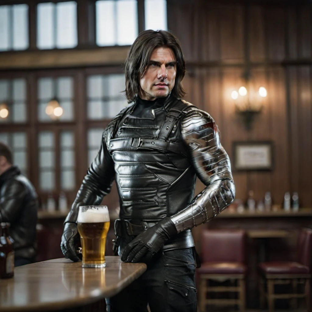 cinematic photo a full body tom cruise with a metalic arm and black leather gloves having a beer in a pub<lora:WinterSoldier1024:0.8> . 35mm photograph, film, bokeh, professional, 4k, highly detailed