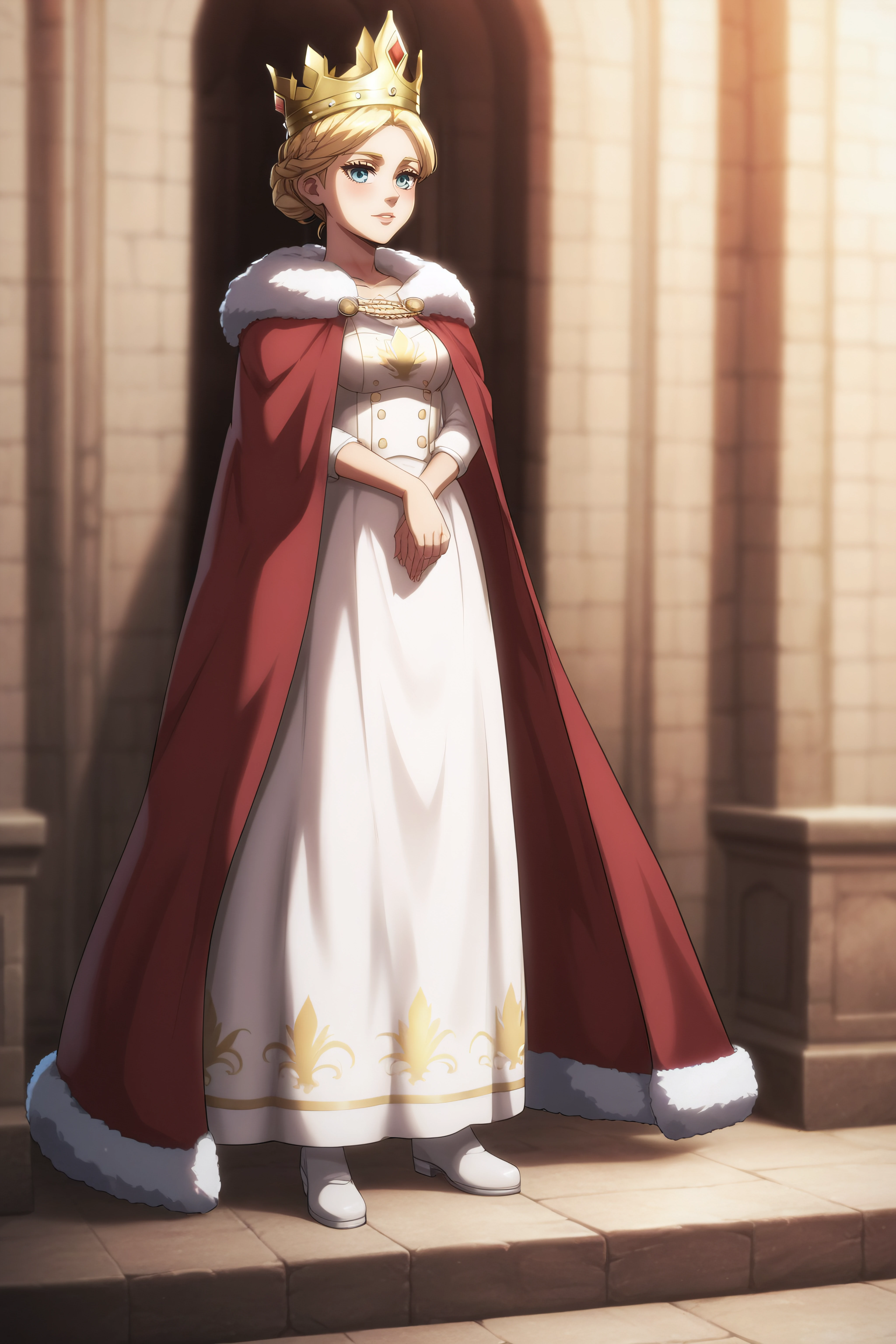 score_9, score_8_up, score_7_up, BREAK source_anime, <lora:historia reiss-PonyXL-lora-Faxtron:0.8> historia reiss, hair bun, medium breasts, long white dress, red cape, fur trim, crown, white shoes,